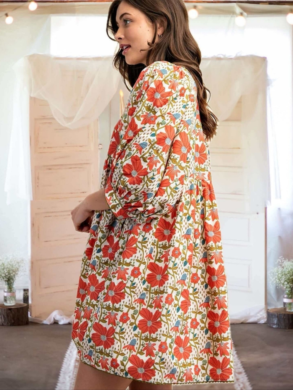 GiGio In the Meadow Floral Mini Dress in Coral and Cream - Picture 3 of 8